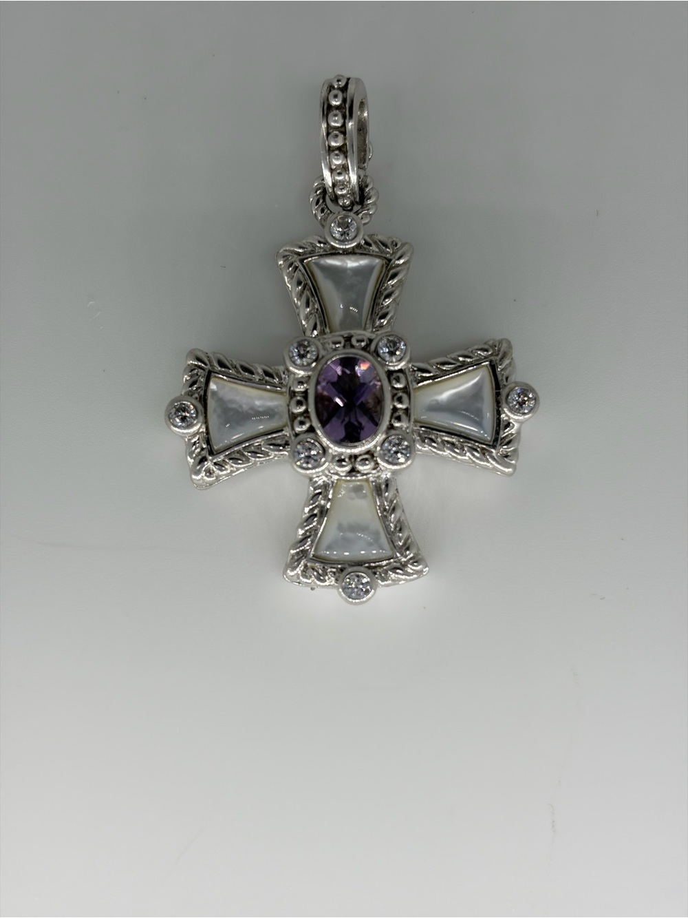 Judith Ripka Sterling Silver Cross Pendant Oval Faceted Amethyst Mother Pearl